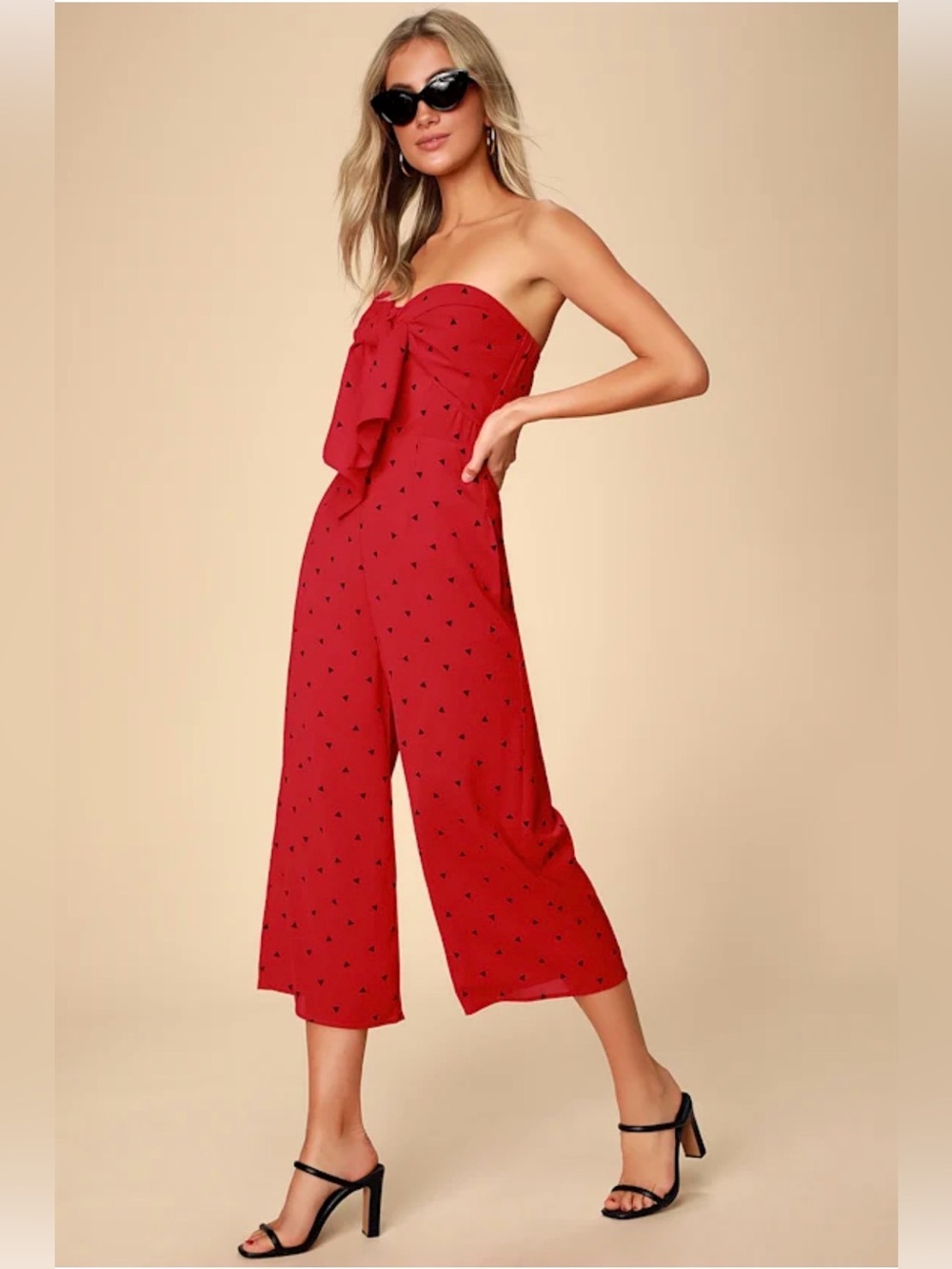 Lulus Red Strapless Polka-Dot Tie-Front Jumpsuit - Size Medium